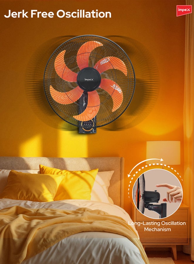Impex 16 Inch Wall Fan , 60W, 3 Speeds, Remote Control, 100% Copper Motor, Wide Oscillation, 7-Hour Timer –WF 7503 45 W WF 7503 Black/Orange - Image 4