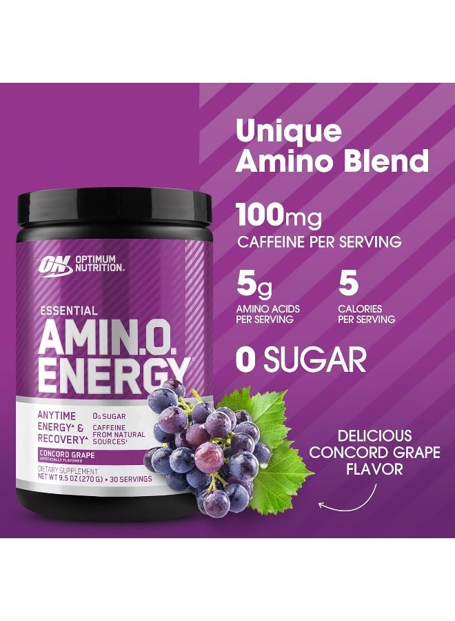 أوبتيموم نيوتريشن الطاقة الأمينية قبل التمرين مع الشاي الأخضر والأحماض الأمينية BCAA ومستخلص القهوة الخضراء الصديقة للكيتو صفر جرام من السكر في أي وقت مسحوق الطاقة كونكورد العنب 30 حصة - Image 2