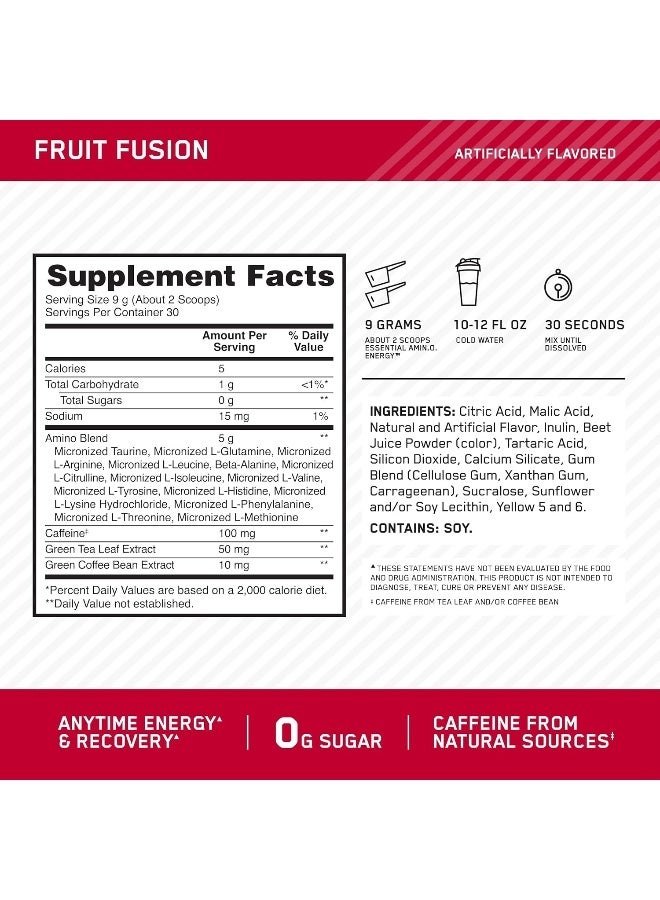 Optimum Nutrition Amino Energy - Pre Workout With Green Tea, Bcaa, Amino Acids, Keto Friendly, Green Coffee Extract, 0 Grams of Sugar, Anytime Energy Powder - Fruit Fusion, 270 G, 30 Servings - Image 3