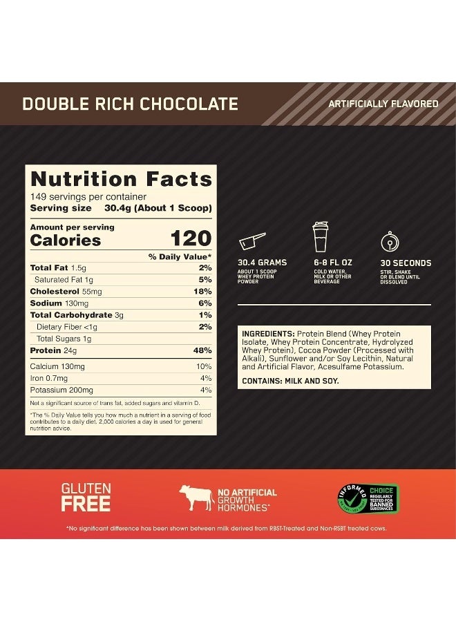 Gold Standard 100% Whey Protein Powder Primary Source Isolate, 24 Grams of Protein for Muscle Support and Recovery - Double Rich Chocolate, 10 Lbs, 149 Servings (4.54 KG)
