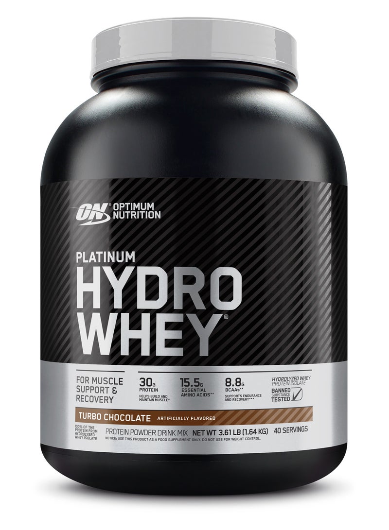 Optimum Nutrition Platinum Hydrowhey Protein Powder, 30 Grams of Protein for Muscle Support & Recovery, 100% Hydrolyzed Whey Protein Isolate Powder - Turbo Chocolate, 3.61 Lbs , 40 Servings (1.64 KG)  - Image 1