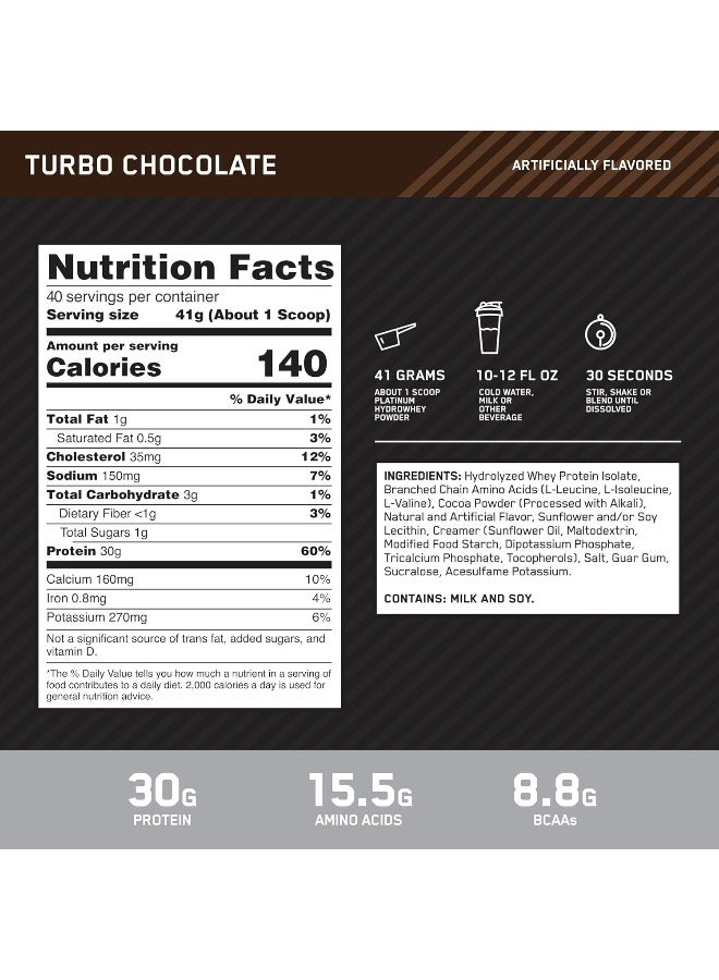 Optimum Nutrition Platinum Hydrowhey Protein Powder, 30 Grams of Protein for Muscle Support, 100% Hydrolyzed Whey Protein Isolate Powder - Turbo Chocolate, 3.61 Lbs, 40 Servings (1.64 KG) - Image 3