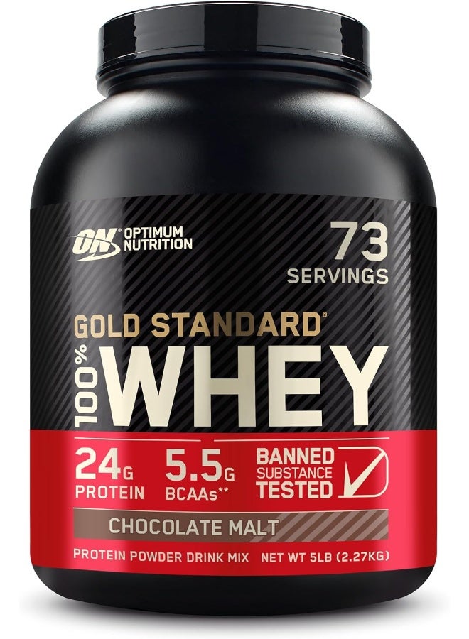 Optimum Nutrition Gold Standard 100% Whey Protein Powder Primary Source Isolate, 24 Grams of Protein for Muscle Support and Recovery - Chocolate Malt, 5 Lbs, 73 Servings (2.27 KG) - Image 1