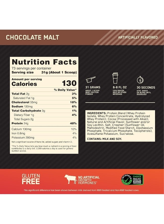 Optimum Nutrition Gold Standard 100% Whey Protein Powder Primary Source Isolate, 24 Grams of Protein for Muscle Support and Recovery - Chocolate Malt, 5 Lbs, 73 Servings (2.27 KG) - Image 3