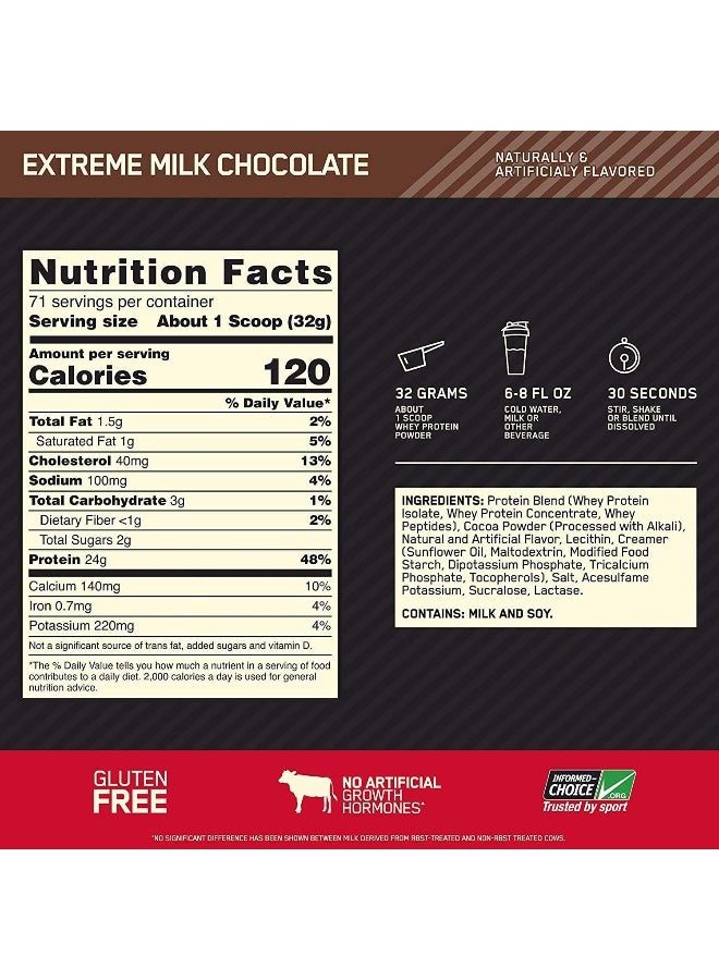 Optimum Nutrition - Gold Standard 100% Whey Protein Powder Primary Source Isolate, 24 Grams of Protein for Muscle Support and Recovery - Extreme Milk Chocolate, 5 Lbs, 71 Servings (2.27 KG) - Image 1