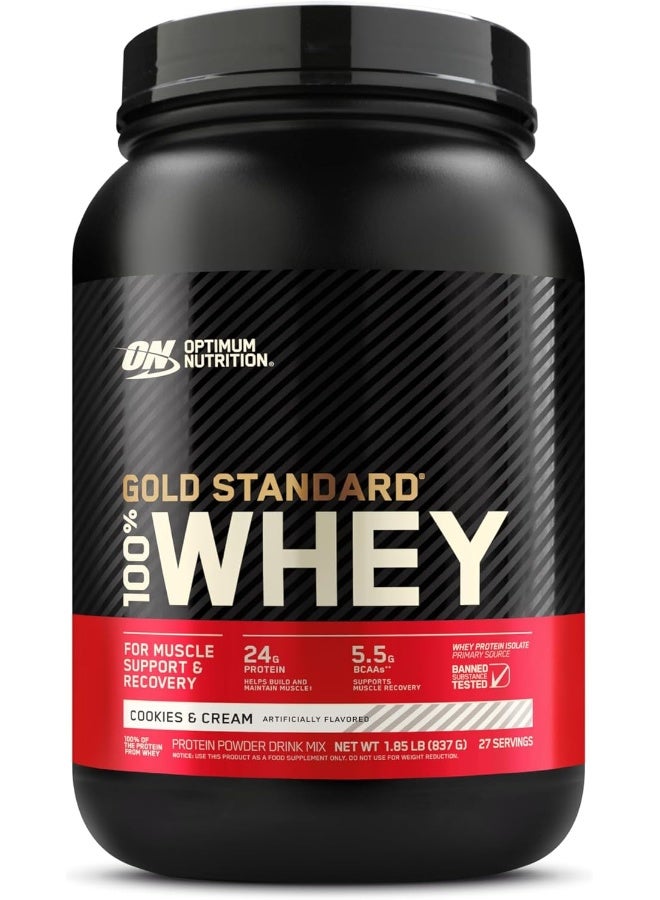 Optimum Nutrition Gold Standard 100% Whey Protein Powder Primary Source Isolate, 24 Grams of Protein for Muscle Support and Recovery - Cookies & Cream, 1.85 Lbs, 27 Servings (837 Grams) - Image 1