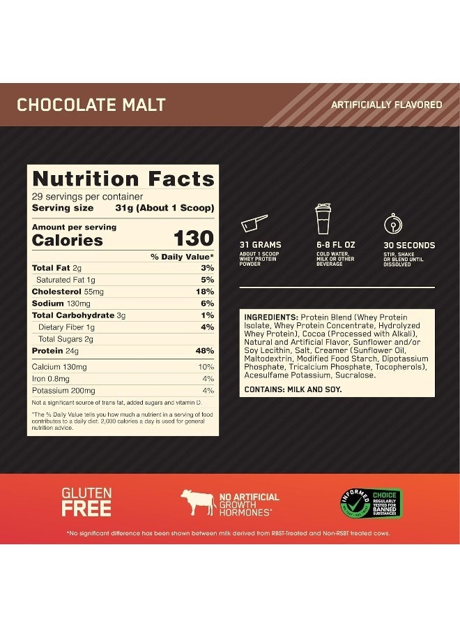 Optimum Nutrition (ON) Gold Standard 100% Whey Protein Powder Primary Source Isolate, 24 Grams of Protein for Muscle Support and Recovery - Chocolate Malt , 2 Lbs, 29 Servings (907 Grams) - Image 3