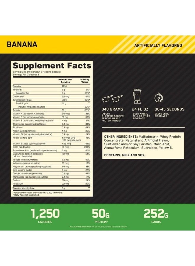 Optimum Nutrition (ON) Serious Mass: High Protein Muscle Building & Weight Gainer Protein Powder, 50 Grams of Protein, Vitamin C, Zinc And Vitamin D For Immune Support - Banana, 6 Lbs (2.72 KG) - Image 2
