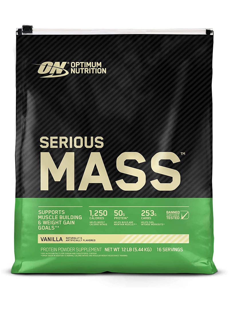 Optimum Nutrition Serious Mass: High Protein Muscle Building & Weight Gainer Protein Powder, 50 Grams Of Protein, Vitamin C, Zinc  - Vanilla, 12 Lbs (5.44 KG)  - Image 1