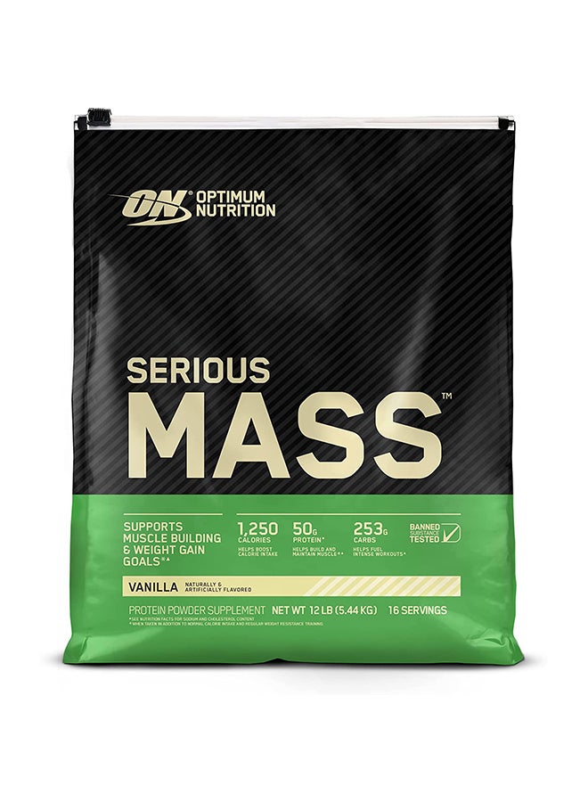 Optimum Nutrition Serious Mass: High Protein Muscle Building & Weight Gainer Protein Powder, 50 Grams Of Protein, Vitamin C, Zinc  - Vanilla, 12 Lbs (5.44 KG)  - Image 1