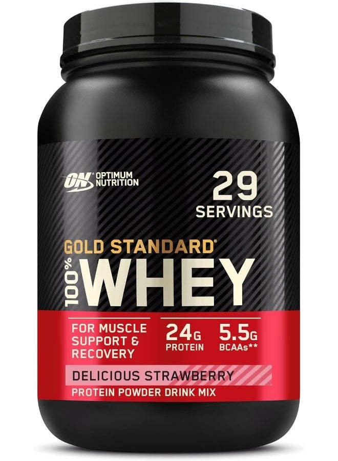 Optimum Nutrition Gold Standard 100% Whey Protein Powder Primary Source Isolate, 24 Grams of Protein for Muscle Support and Recovery - Delicious Strawberry, 2 Lbs, 29 Servings (907 Grams) - Image 1