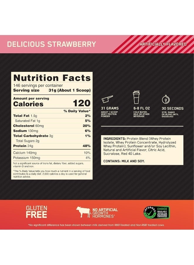 Optimum Nutrition Gold Standard 100% Whey Protein Powder Primary Source Isolate, 24 Grams of Protein for Muscle Support and Recovery - Delicious Strawberry, 10 Lbs, 146 Servings (4.53 KG) - Image 3