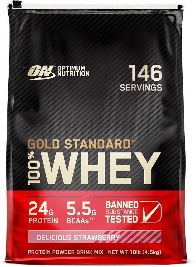 Optimum Nutrition Gold Standard 100% Whey Protein Powder Primary Source Isolate, 24 Grams of Protein for Muscle Support and Recovery - Delicious Strawberry, 10 Lbs, 146 Servings (4.53 KG) - Image 1