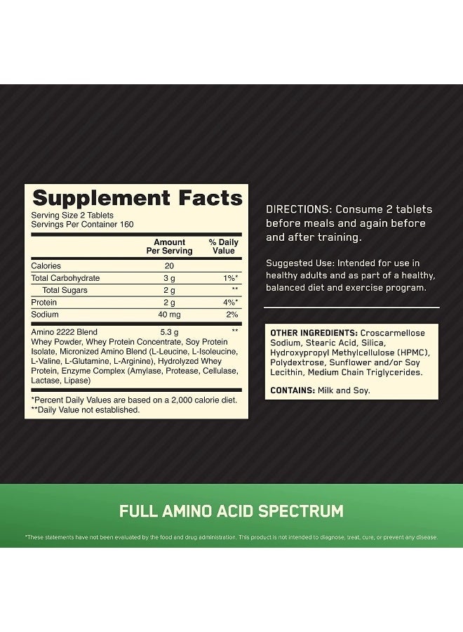 Optimum Nutrition Superior Amino 2222 Tablets, Complete Essential Amino Acids, EAAs to Maintain Muscle Tissue - 320 Tablets - Image 2