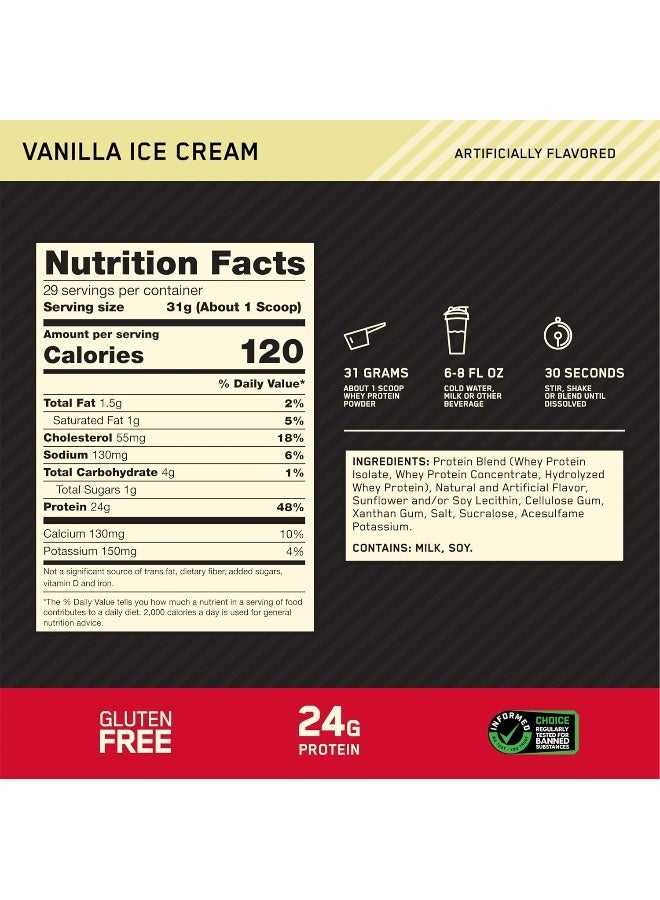 Gold Standard 100% Whey Protein Powder Primary Source Isolate, 24 Grams of Protein for Muscle Support and Recovery - Vanilla Ice Cream, 2 Lbs, 29 Servings (899 Grams)