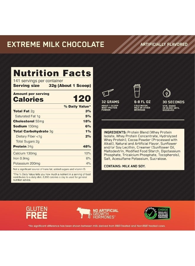 أوبتيموم نيوتريشن مسحوق بروتين مصل الحليب بنسبة 100% من Gold Standard معزول المصدر الأساسي، 24 جرامًا من البروتين لدعم العضلات واستعادتها - شوكولاتة الحليب الفائقة، 10 أرطال، 141 حصة (4.51 كجم) - Image 3