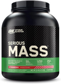 أوبتيموم نيوتريشن مسحوق بروتين Serious Mass عالي البروتين لبناء العضلات وزيادة الوزن، 50 جرامًا من البروتين وفيتامين C والزنك والفراولة، 6 أرطال (2.72 كجم)  - Image 1