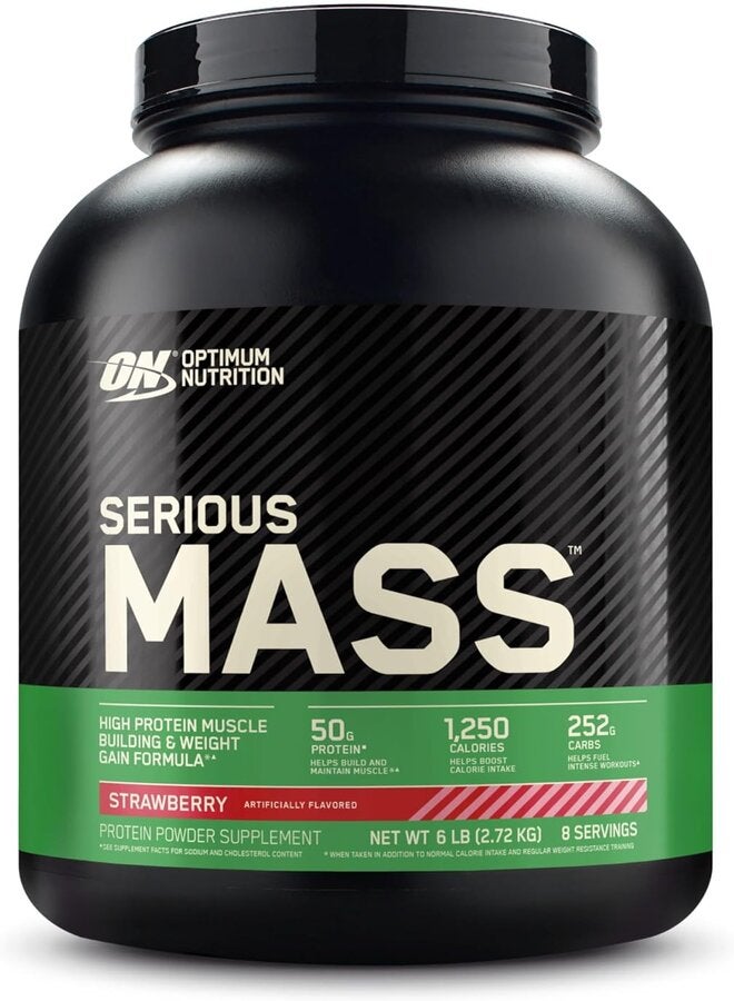 Optimum Nutrition - Serious Mass High Protein Muscle Building & Weight Gainer Protein Powder, 50 Grams Of Protein, Vitamin C & Zinc, Strawberry, 6 Lbs (2.72 KG) - Image 1