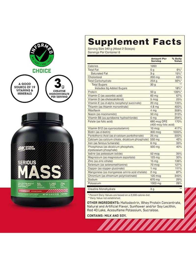Serious Mass: High Protein Muscle Building & Weight Gainer Protein Powder, 50 Grams of Protein, Vitamin C, Zinc And Vitamin D For Immune Support - Strawberry, 6 Lbs (2.72 KG)
