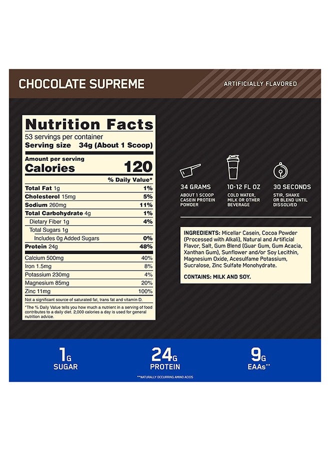Optimum Nutrition - Gold Standard 100% Micellar Casein Protein Powder, 24 Grams of Protein, Slow Digesting, Helps Keep You Full, Overnight Muscle Recovery - Chocolate Supreme, 3.97 Lbs, 53 Servings (1.8 KG) - Image 1