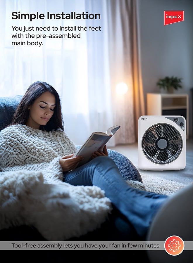 Impex - 12 Inch Box Fan BF 7512 Powerful Cooling With 3 Speed Modes, Timer, Child Safety Grill, Copper Motor BF 7512 White - Image 1