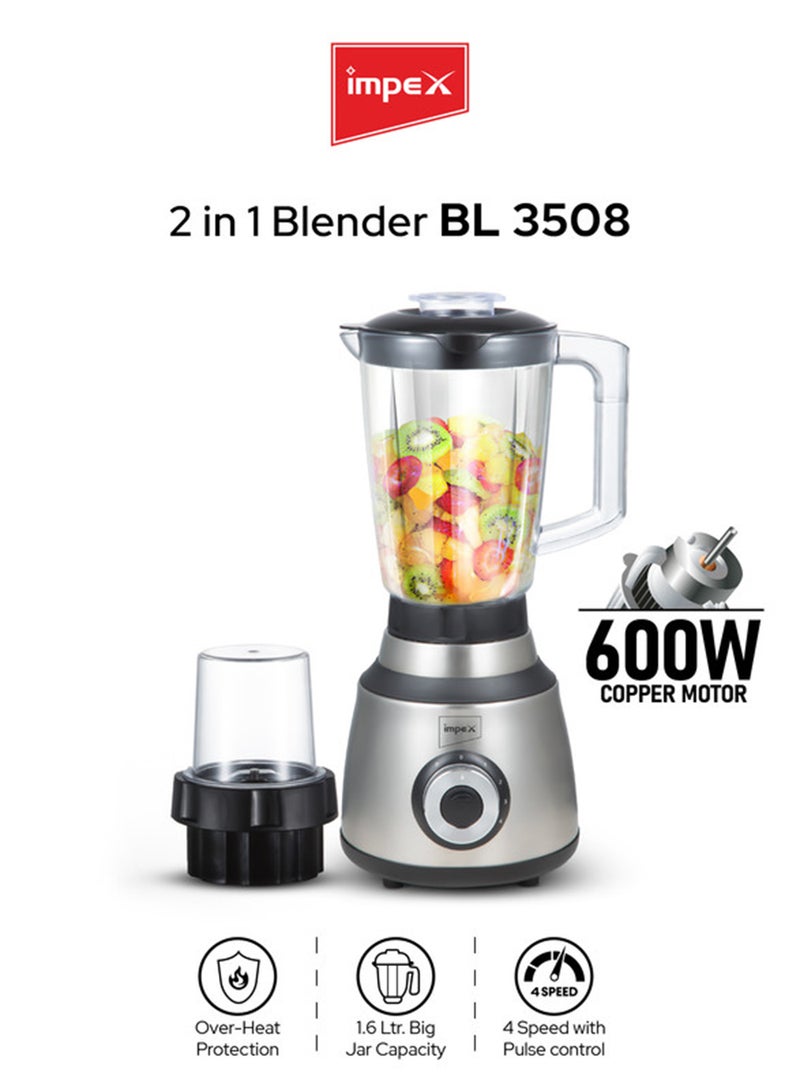 Impex 2 in 1 Powerful Blender  - Powerful Copper Motor, 1.6L Unbreakable Blender Jar, 150g Grinding Jar, Ice-Crushing Blades, Stainless Steel Housing, 4 Speeds, Motor Overheat Protection 600 W BL3508 Black & Grey - Image 1