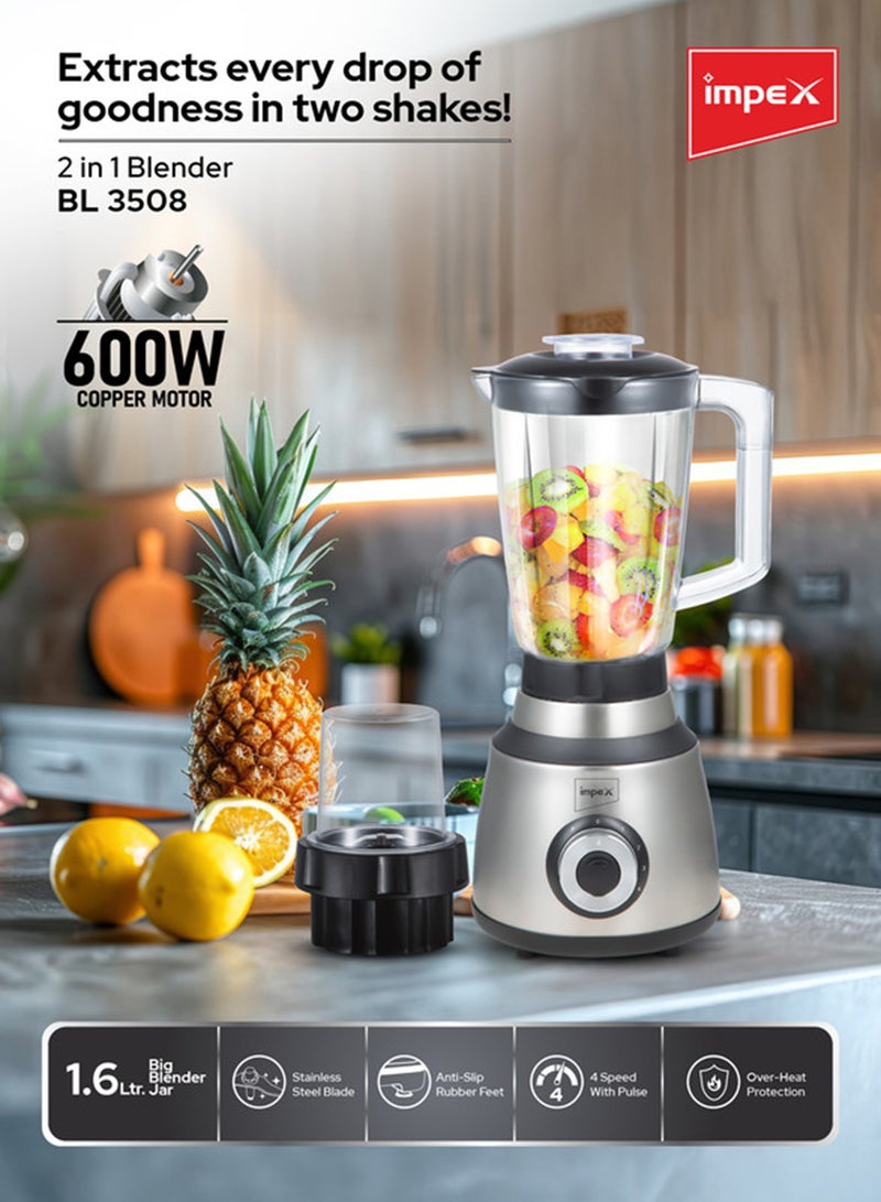 Impex 2 in 1 Powerful Blender  - Powerful Copper Motor, 1.6L Unbreakable Blender Jar, 150g Grinding Jar, Ice-Crushing Blades, Stainless Steel Housing, 4 Speeds, Motor Overheat Protection 600 W BL3508 Black & Grey - Image 3