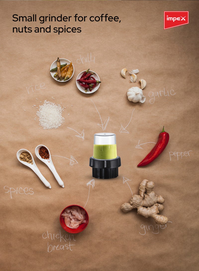 Impex 2 in 1 Powerful Blender  - Powerful Copper Motor, 1.6L Unbreakable Blender Jar, 150g Grinding Jar, Ice-Crushing Blades, Stainless Steel Housing, 4 Speeds, Motor Overheat Protection 600 W BL3508 Black & Grey - Image 5