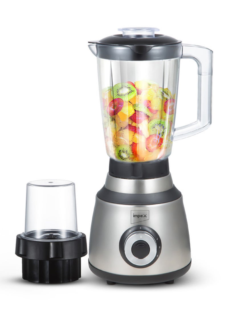Impex 2 in 1 Powerful Blender  - Powerful Copper Motor, 1.6L Unbreakable Blender Jar, 150g Grinding Jar, Ice-Crushing Blades, Stainless Steel Housing, 4 Speeds, Motor Overheat Protection 600 W BL3508 Black & Grey - Image 2