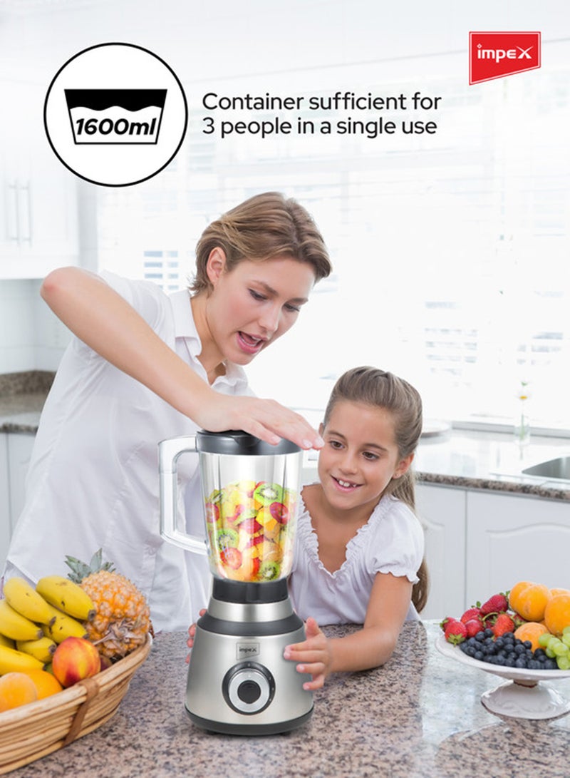 Impex 2 in 1 Powerful Blender  - Powerful Copper Motor, 1.6L Unbreakable Blender Jar, 150g Grinding Jar, Ice-Crushing Blades, Stainless Steel Housing, 4 Speeds, Motor Overheat Protection 600 W BL3508 Black & Grey - Image 4