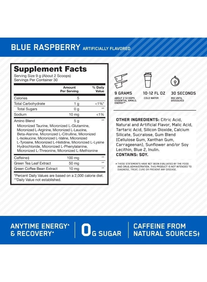 Optimum Nutrition Amino Energy - Pre Workout With Green Tea, Bcaa, Amino Acids, Keto Friendly, Green Coffee Extract, 0 Grams of Sugar, Anytime Energy Powder - Blue Raspberry, 270 G , 30 Servings - Image 3