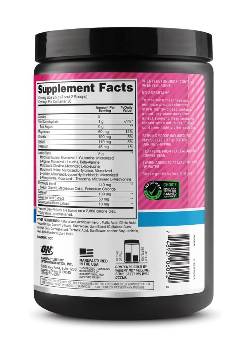 أوبتيموم نيوتريشن الطاقة الأمينية - قبل التمرين مع الشاي الأخضر، Bcaa، الأحماض الأمينية، صديقة للكيتو، مستخلص القهوة الخضراء، 0 جرام من السكر، مسحوق الطاقة في أي وقت - البطيخ، 270 جم، 30 وجبة - Image 2