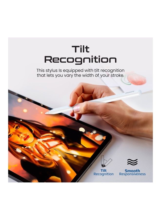 بروميت قلم لمس، قلم لمس لجهاز iPad مع خاصية رفض راحة اليد، التعرف على الإمالة، بلوتوث v5.1، شاشة عرض الطاقة، بطارية تدوم 11 ساعة، شحن مغناطيسي، وضع شحن مزدوج وسن قابل للاستبدال لجهاز iPad Air، iPad P أبيض - Image 3