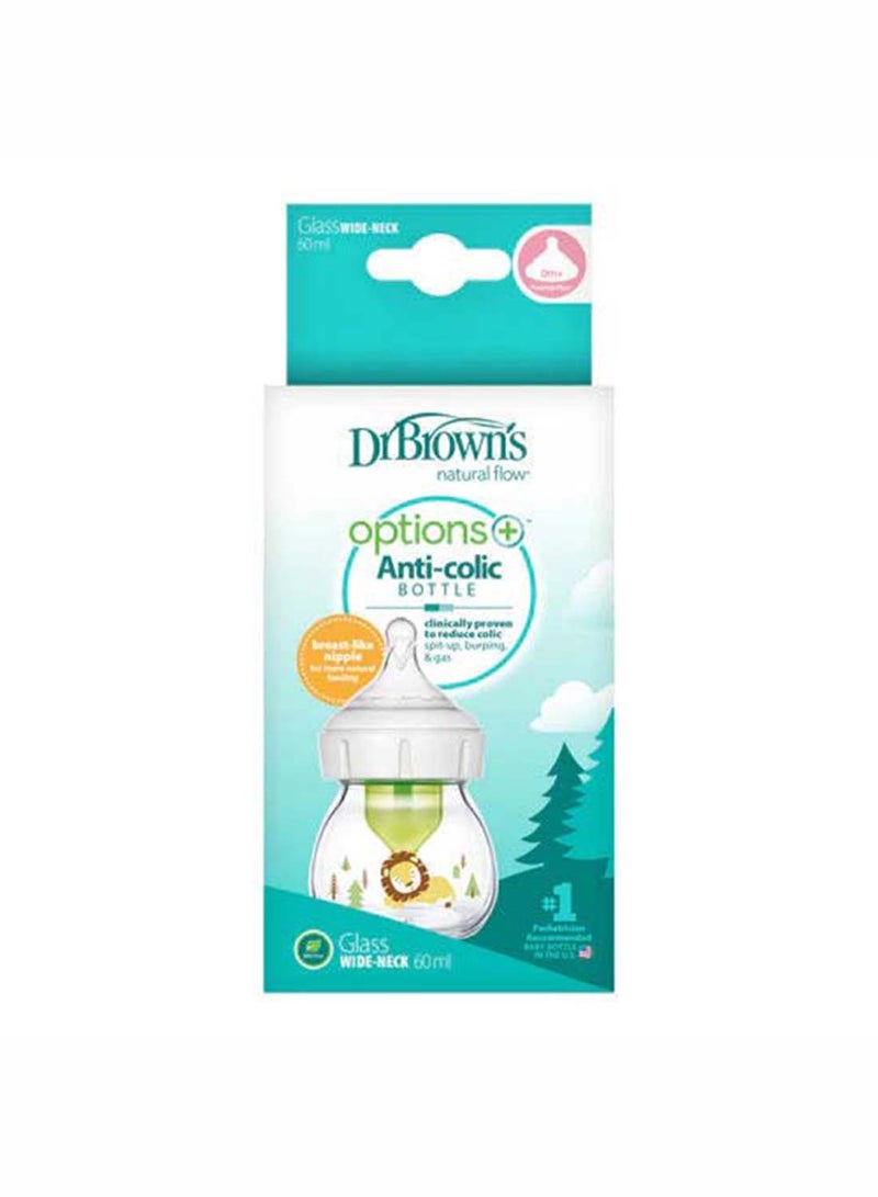 Dr. Brown’s - Glass W-N Anti-Colic Options+ Bottle With Lion Deco With Preemie Nipple, 2 Oz/60 Ml, 1-Pack - Image 1