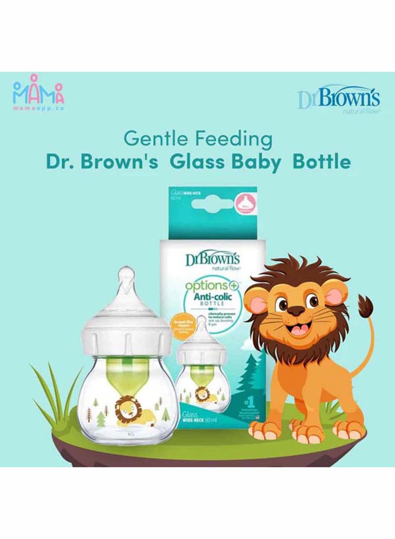 Dr. Brown’s - Glass W-N Anti-Colic Options+ Bottle With Lion Deco With Preemie Nipple, 2 Oz/60 Ml, 1-Pack - Image 1
