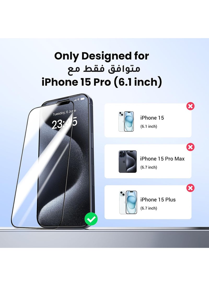 iPhone 15 Pro Screen Protector 【Full Coverage】【Easy Installation Frame】【Military-Grade Protection】 HD Clear, Anti-Fingerprint, Bubble Free, Tempered Glass Film for iPhone 15 Pro 6.1"-2 Pack Clear