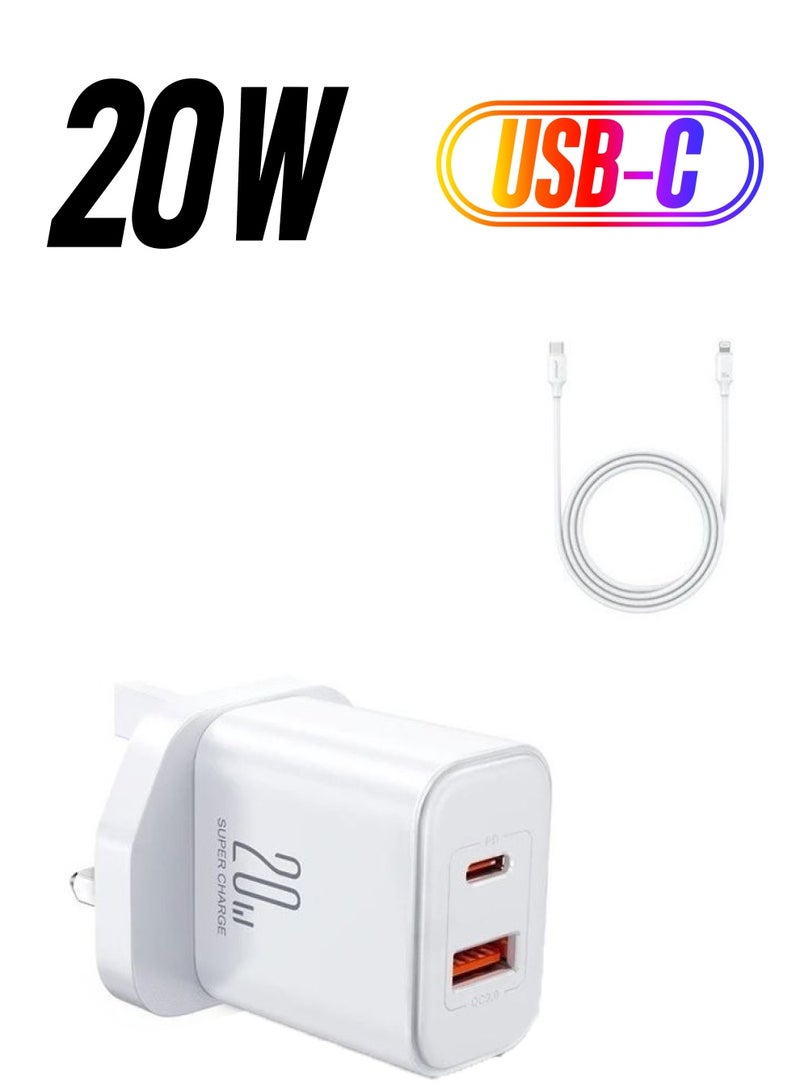 JOYROOM - 20W USB C PD Fast Charger, Dual Port Type-C QC3.0 Wall Adapter UK Plug, Compatible With Iphone 14/13/12 Series, Galaxy, Pixel 4/3, Ipad Pro, AirPods Pro (With Cable) White - Image 1