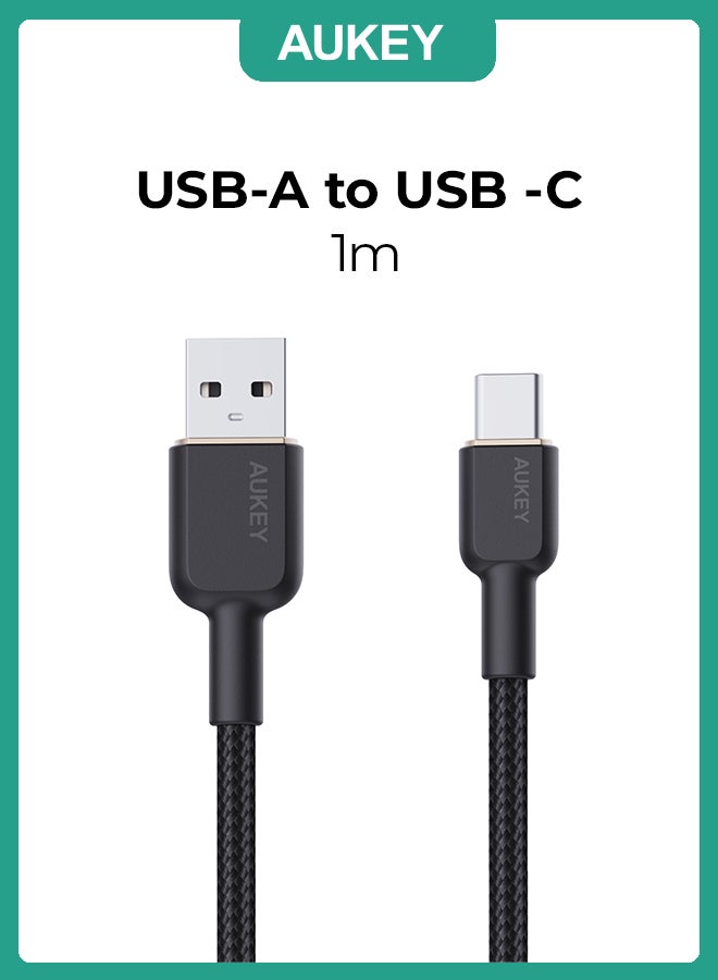 Aukey 1M Nylon Braided USB-A To USB-C Cable Black - Image 1