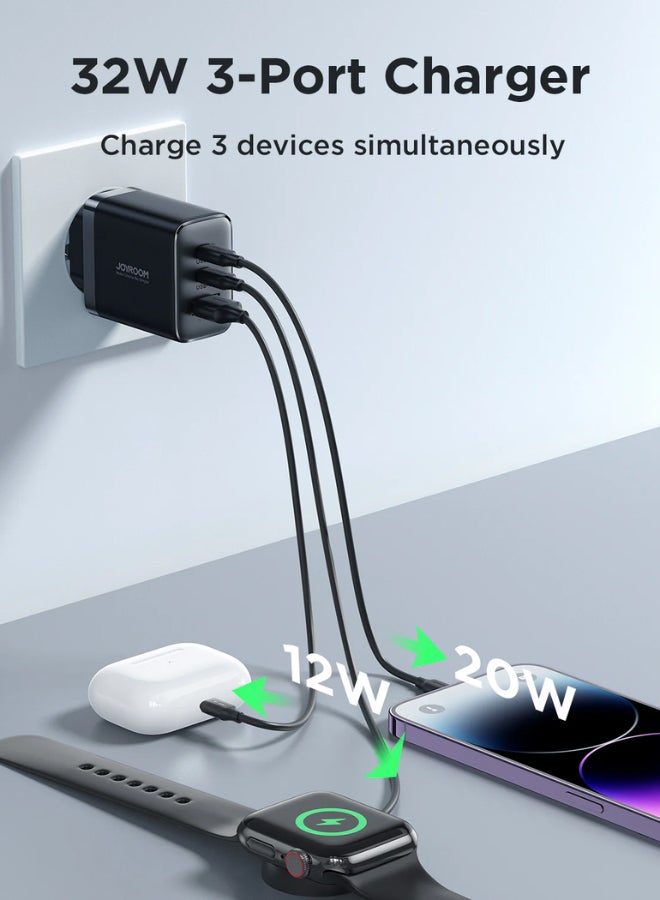 JOYROOM - Flash memory series 32W A+2C three-port charger with QC 3.0 support. Wall travel adapter 32W fast power charger, compatible with Samsung AFC, Huawei SCP and other lower versions of iPhone-Etc. Black - Image 1