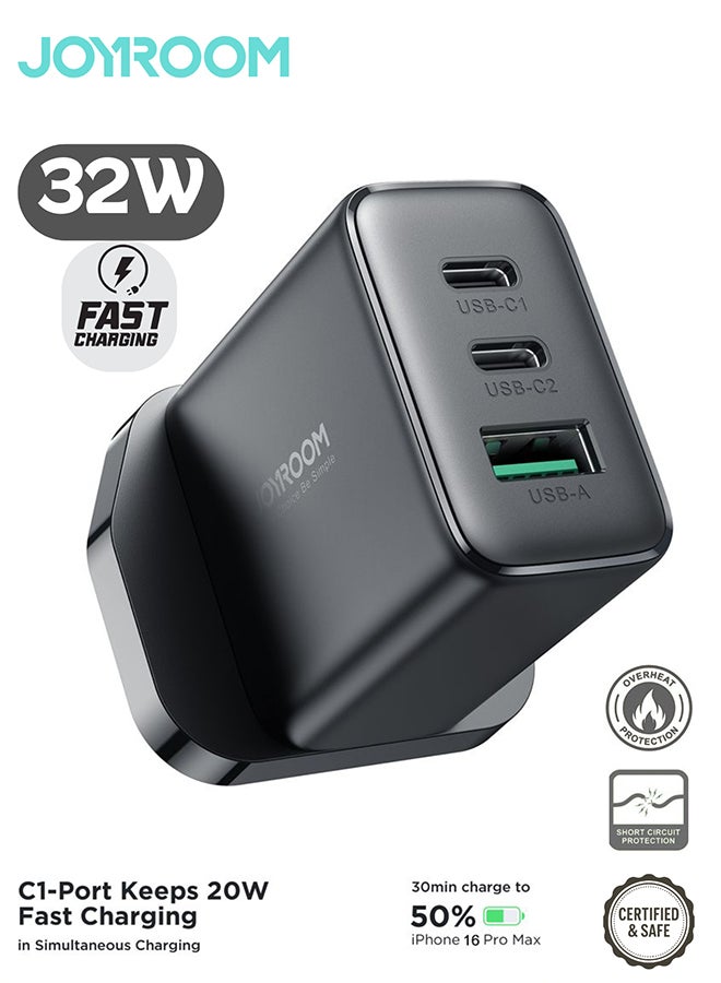 JOYROOM 32W Fast Charger Adapter with Dual USB-C & USB-A Ports | Compact 3-Port Fast charging Wall Adapter for iPhone 16 & Below, Samsung 25 ultra & Below, Huawei, Xiaomi & More – 70% in 30min, QC 3.0, Smart Heat Control & Safety Protection Black  - Image 1