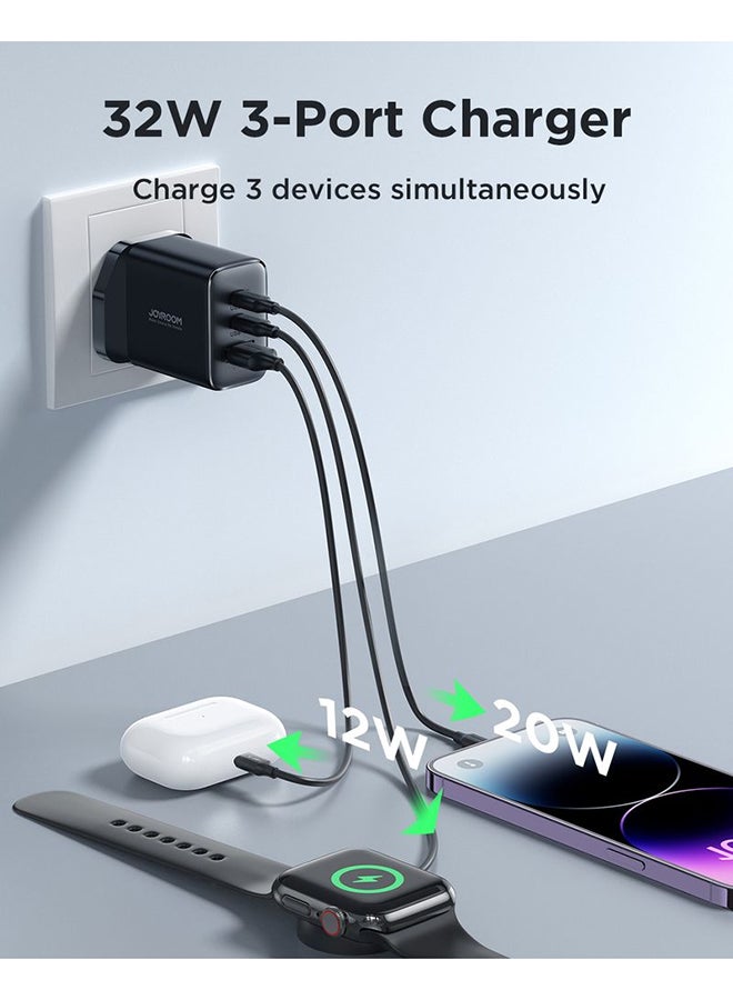 JOYROOM 32W Fast Charger Adapter with Dual USB-C & USB-A Ports | Compact 3-Port Fast charging Wall Adapter for iPhone 16 & Below, Samsung 25 ultra & Below, Huawei, Xiaomi & More – 70% in 30min, QC 3.0, Smart Heat Control & Safety Protection Black  - Image 3
