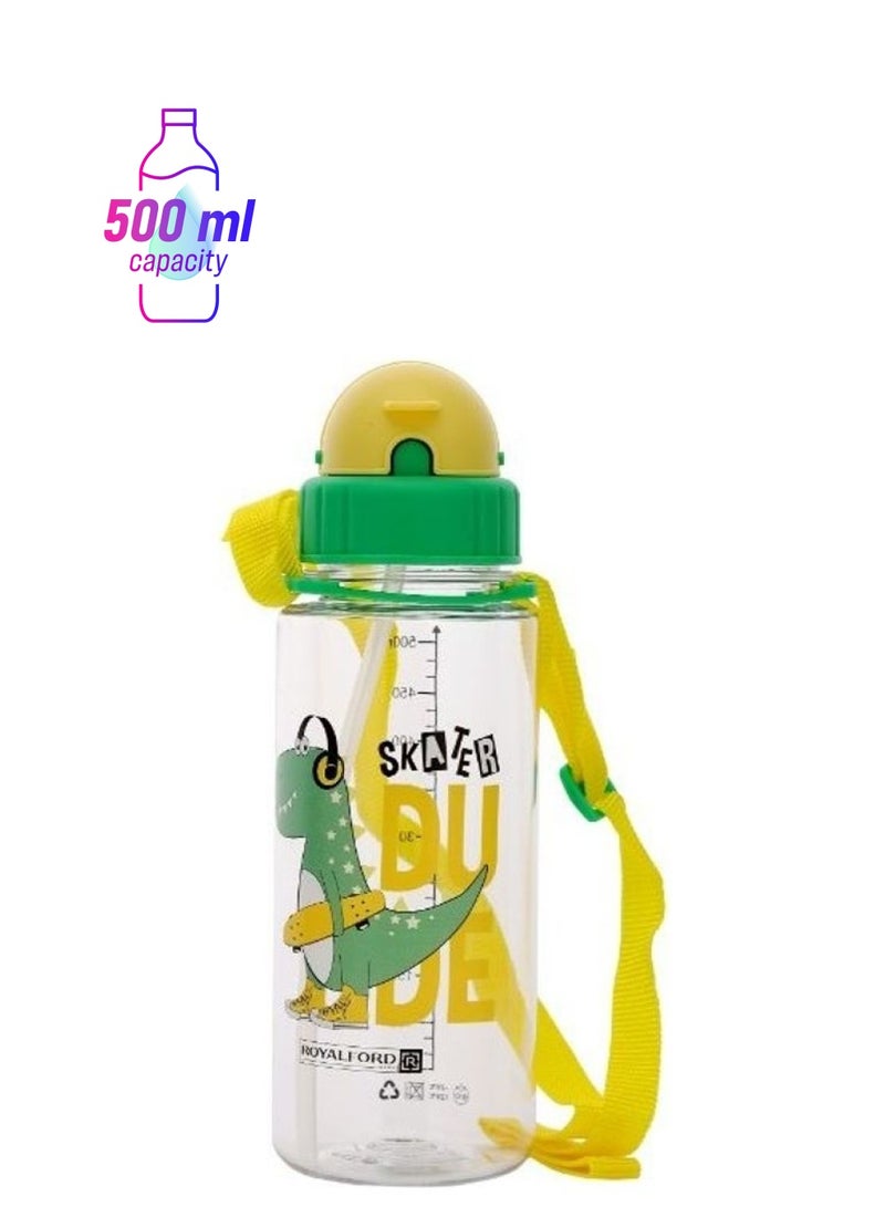 Royalford BPA-Free  Cartoon Water Bottle With Straw Green 500ml  - Image 1