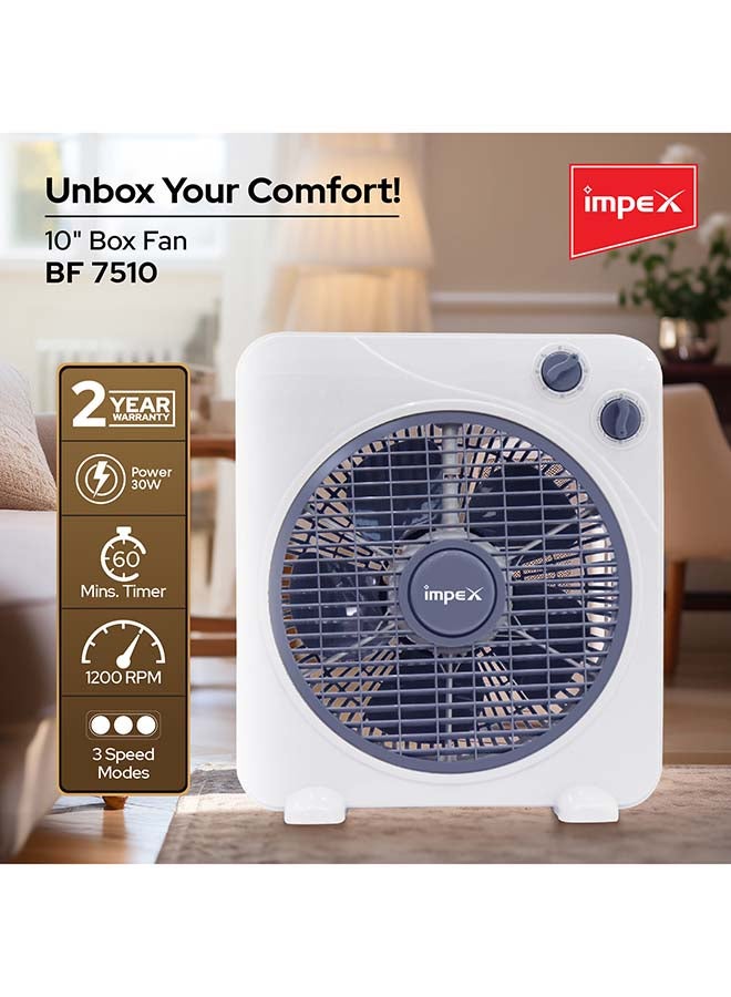 Impex - 10 Inch Box Fan With 3 Speed Modes, 60 Minute Timer, Child Safety Guard - Powerful, Quiet, And Durable BF 7510 White - Image 1