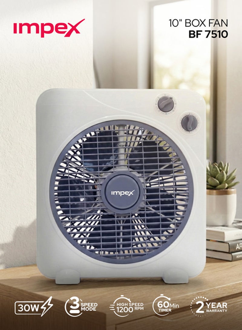 Impex 10 Inch Box Fan Table Fan With 3 Speed Modes, 60 Minute Timer, Child Safety Guard - Powerful, Quiet, And Durable BF 7510 White - Image 1