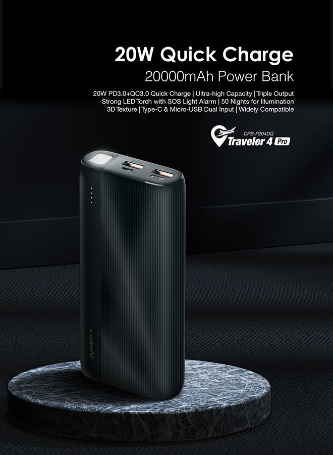 Oraimo - 20000 mAh Traveler 4 Pro Power Bank with 20W Fast Charging PD 3.0+QC3.0 Quick Charge,Triple Output,Type C &Micro Input,Multi-Layer Protection with LED Torch Blue Grey - Image 1
