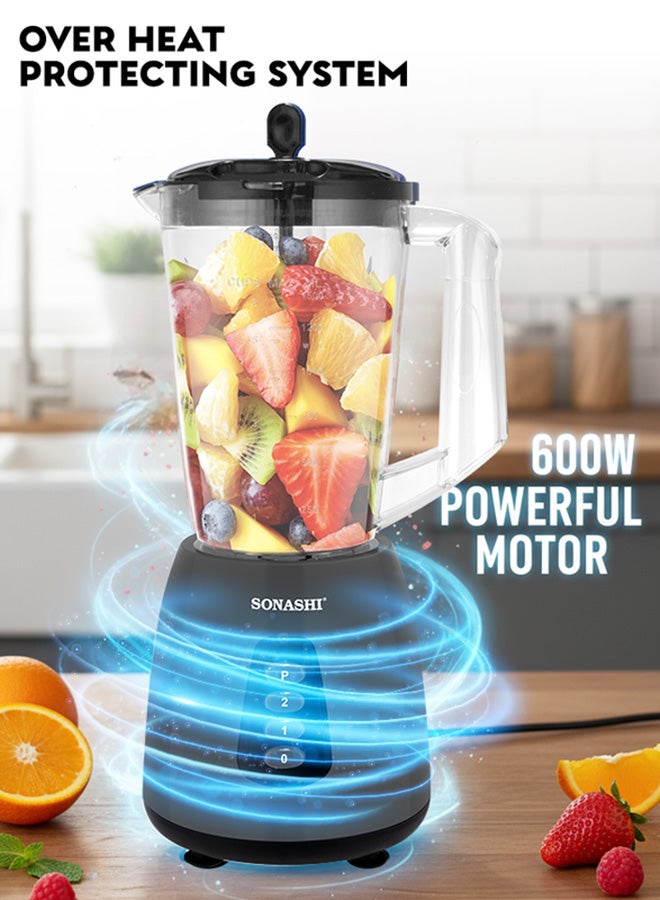 SONASHI 3-in-1 Blender / Grinder & Mincer | 600W |1.8L Unbreakable Jar, Grinding & Chopping Cups |6 Pcs Stainless Steel Blades, 2-Speed & Pulse Setting | Overheat Protection|  Best for Spice Grinding, Smoothie Making, Mincing & Blending | SB-195 Black 1.5 L 600 W SB-195 Black - Image 4