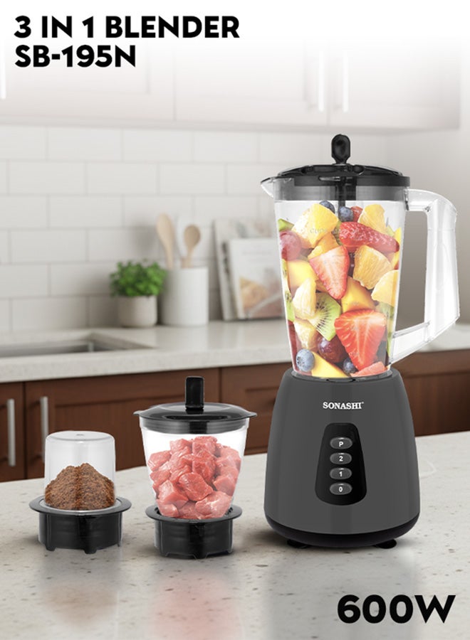 SONASHI 3-in-1 Blender / Grinder & Mincer | 600W |1.8L Unbreakable Jar, Grinding & Chopping Cups |6 Pcs Stainless Steel Blades, 2-Speed & Pulse Setting | Overheat Protection|  Best for Spice Grinding, Smoothie Making, Mincing & Blending | SB-195 Black 1.5 L 600 W SB-195 Black - Image 1