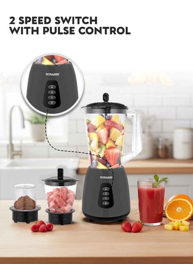 SONASHI 3-in-1 Blender / Grinder & Mincer | 600W |1.8L Unbreakable Jar, Grinding & Chopping Cups |6 Pcs Stainless Steel Blades, 2-Speed & Pulse Setting | Overheat Protection|  Best for Spice Grinding, Smoothie Making, Mincing & Blending | SB-195 Black 1.5 L 600 W SB-195 Black - Image 3