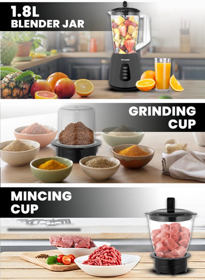 SONASHI 3-in-1 Blender / Grinder & Mincer | 600W |1.8L Unbreakable Jar, Grinding & Chopping Cups |6 Pcs Stainless Steel Blades, 2-Speed & Pulse Setting | Overheat Protection|  Best for Spice Grinding, Smoothie Making, Mincing & Blending | SB-195 Black 1.5 L 600 W SB-195 Black - Image 2