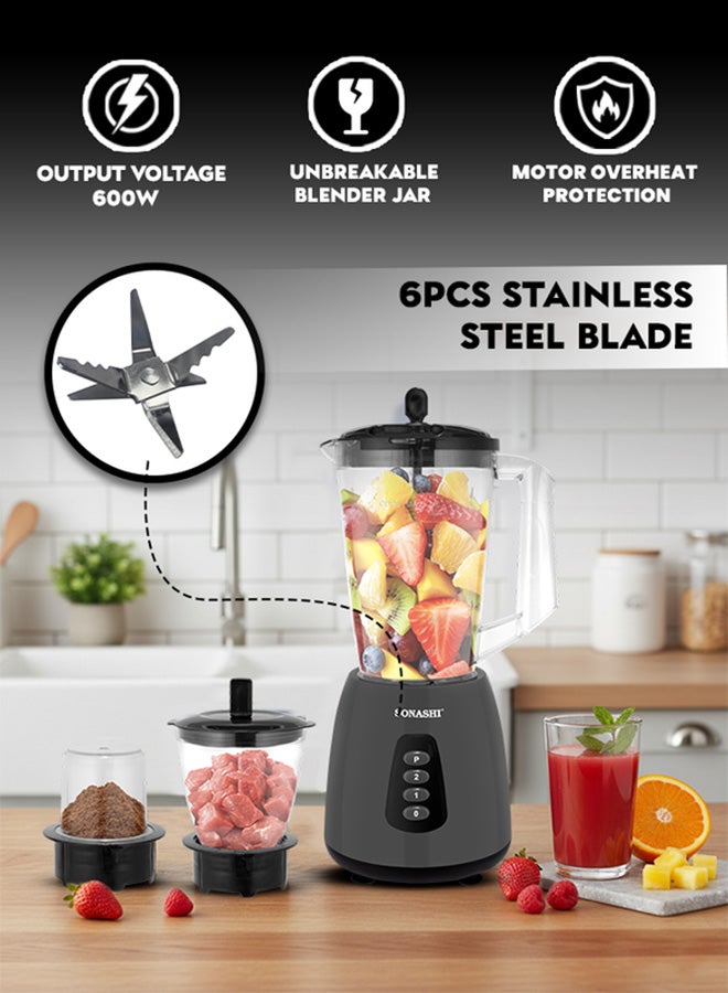 SONASHI 3-in-1 Blender / Grinder & Mincer | 600W |1.8L Unbreakable Jar, Grinding & Chopping Cups |6 Pcs Stainless Steel Blades, 2-Speed & Pulse Setting | Overheat Protection|  Best for Spice Grinding, Smoothie Making, Mincing & Blending | SB-195 Black 1.5 L 600 W SB-195 Black - Image 5